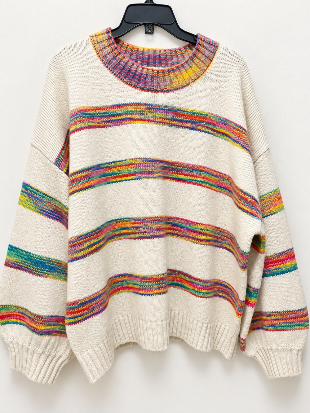 Cream Crewneck Sweater with Multicolor Stripe Details